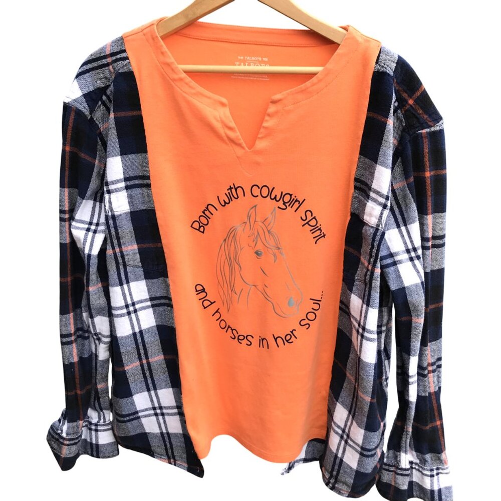 Upcycled Flannel Shirt, Reworked Cowgirl Horse Graphic Orange Tee Size M - L